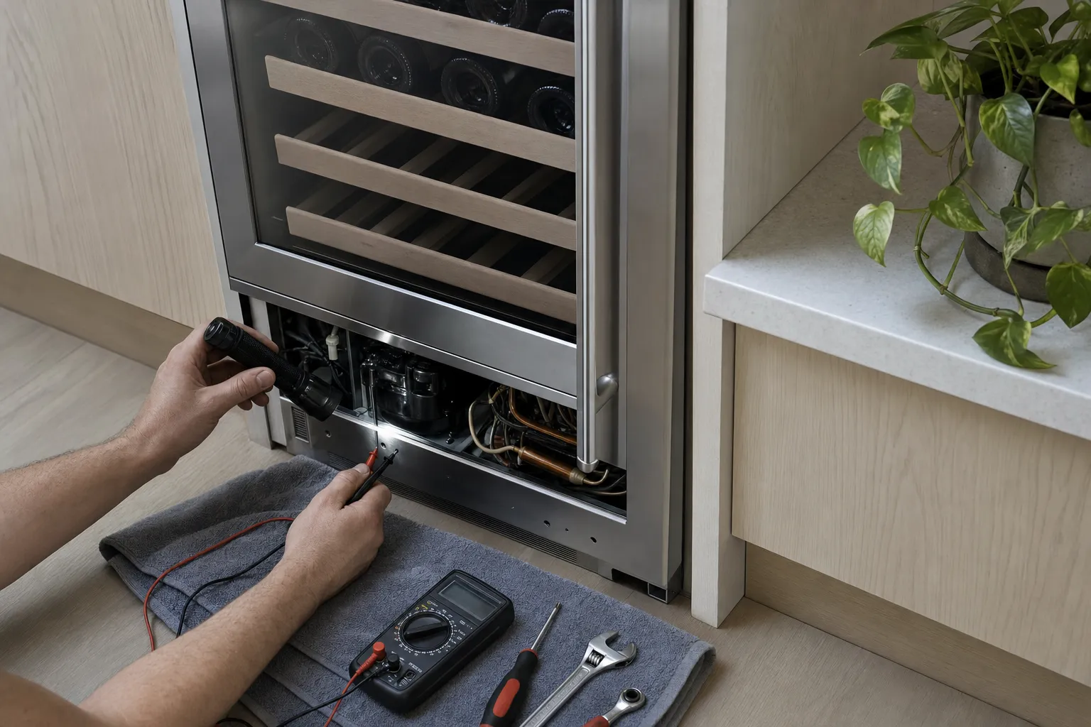 Flashlight and meter probe at the open machine compartment of an undercounter wine cooler