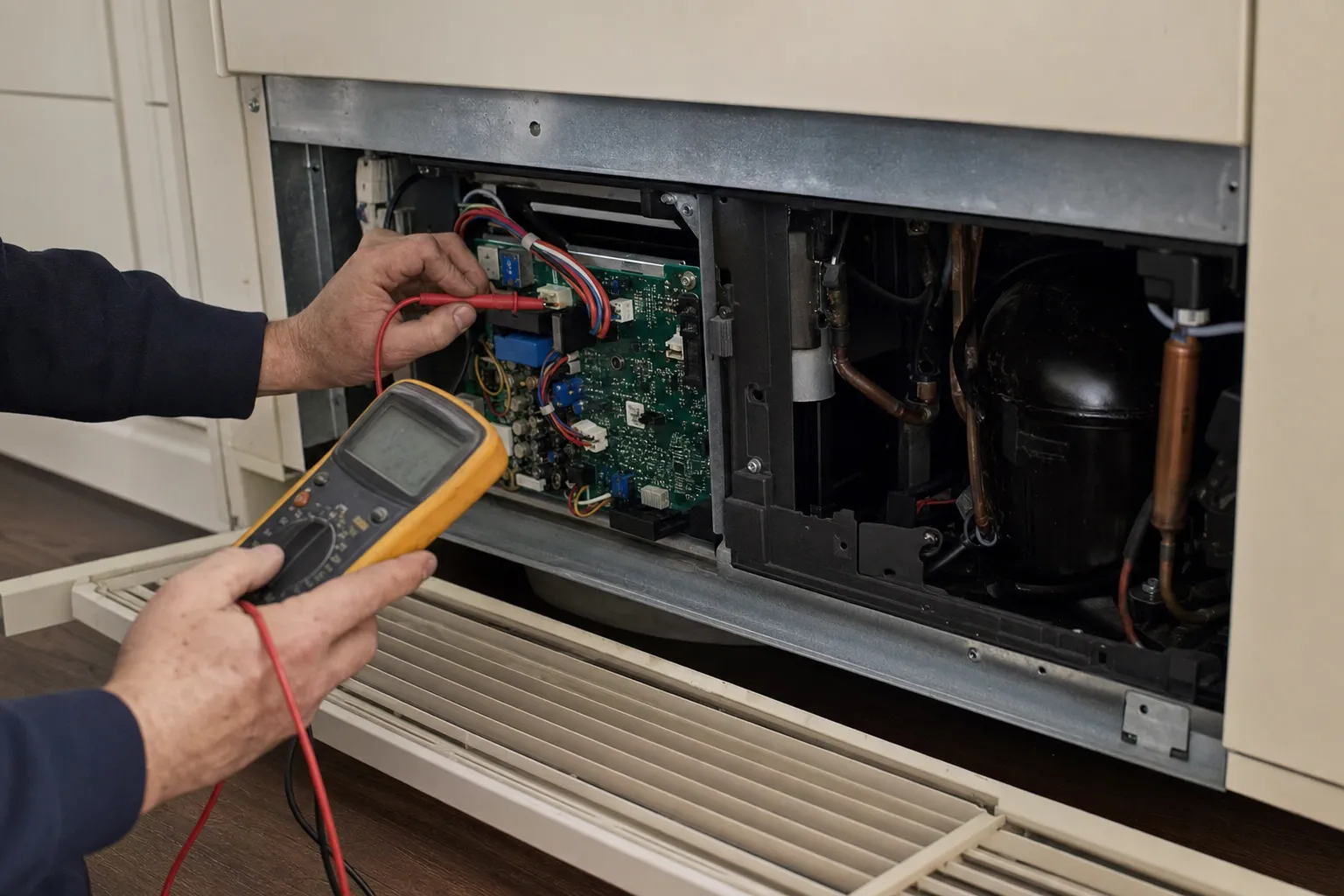 Multimeter probing the control board beside the compressor in a built-in refrigerator's lower compartment