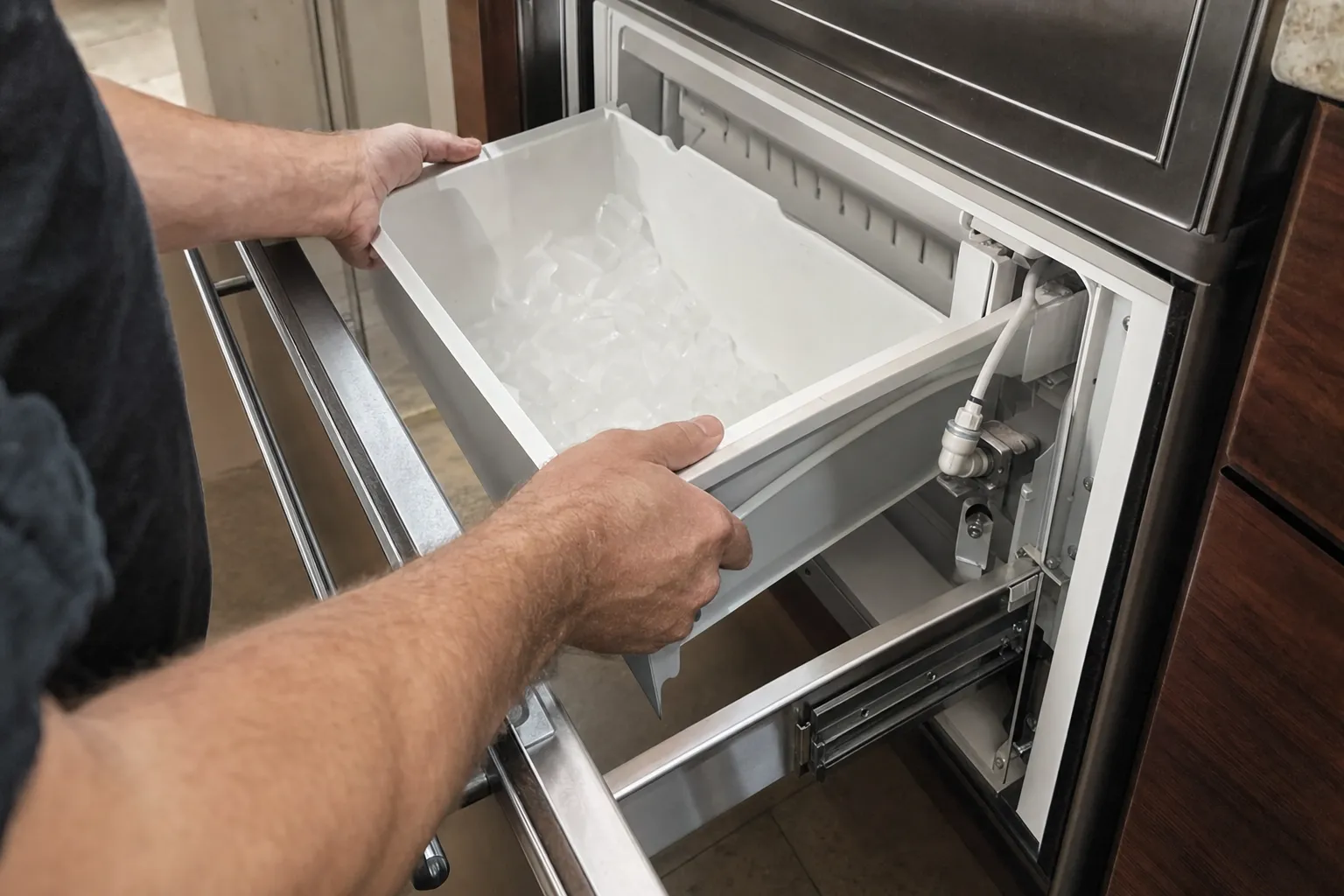 Ice maker drawer pulled open on a built-in unit, cubes in the bin and the water line behind it